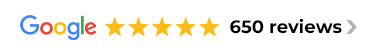Google trust badge displaying a 5-star rating with 650 reviews inside a rounded white button layout.